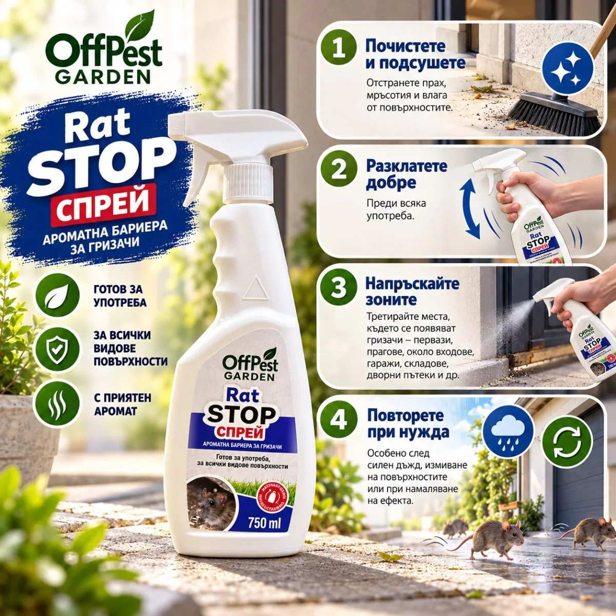 Ароматна бариера против гризачи OffPest Garden Rat Stop Spray за вътрешна и външна употреба