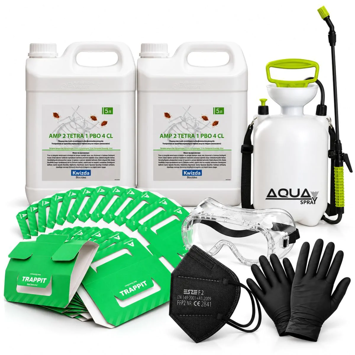 Комплект против дървеници с 2 туби AMP Tetra по 5 л, 20 капана Trappit, пръскачка Aqua Spray, защитни очила, маска и ръкавици