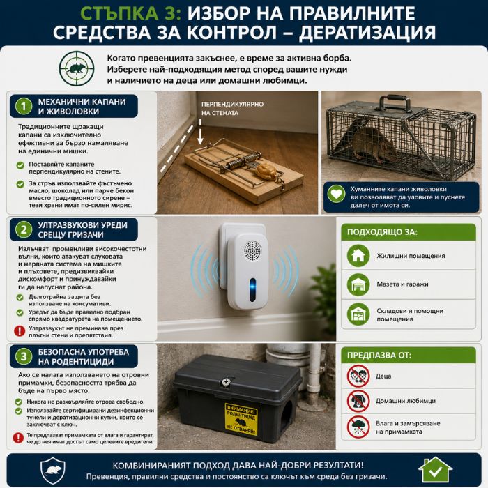 Как да изберем правилните средства за борба с мишки и плъхове – живоловки, механични капани, ултразвукови устройства срещу гризачи и безопасно използване на родентициди в дератизационни кутии