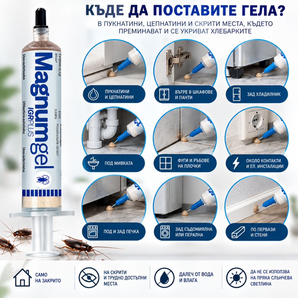 Инфографика къде да поставите Magnum Gel IGR Plus – пукнатини, цепнатини, фуги, шкафове и уреди