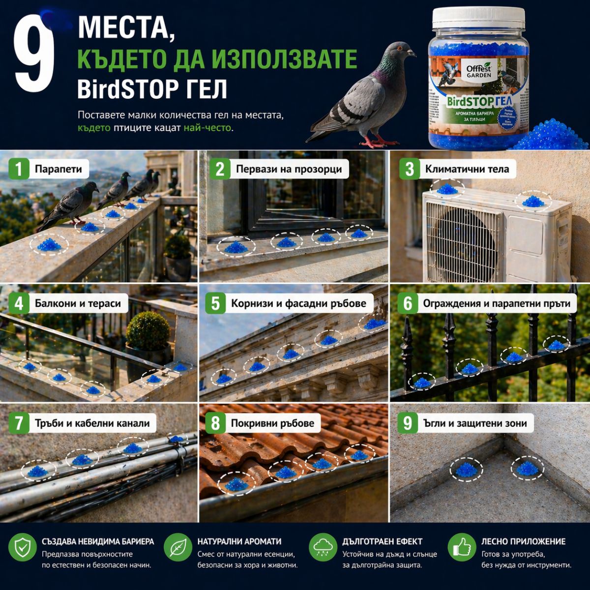 "гел против гълъби Off Pest Garden върху тераса за защита от птици"