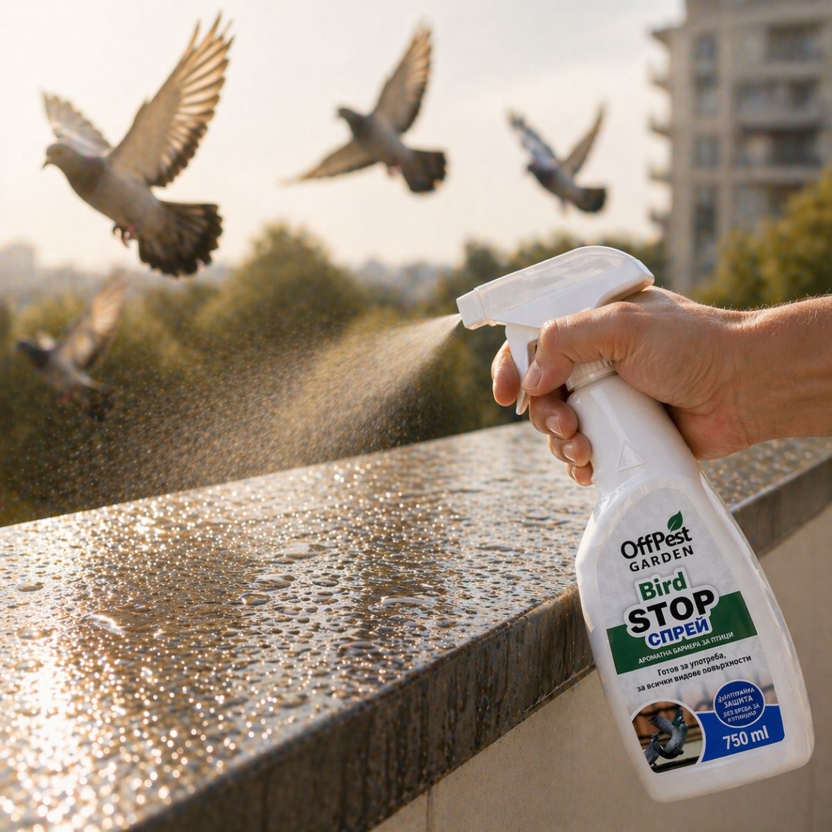"спрей против гълъби Off Pest Garden върху тераса за ограничаване на птици"
