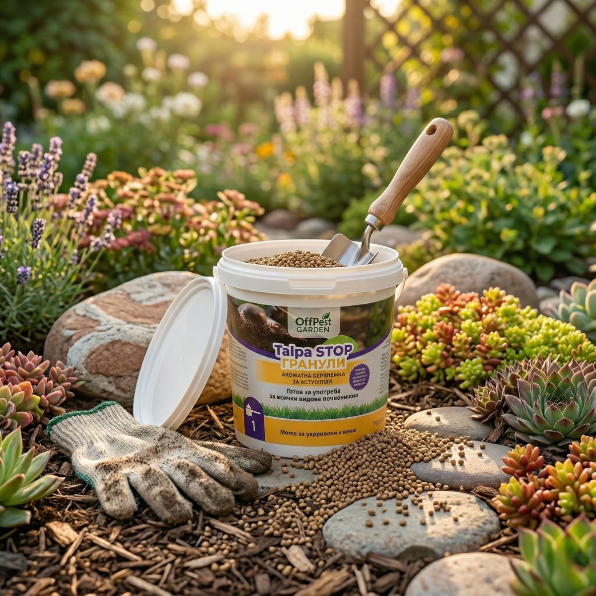 Нанасяне на къртогон на гранули OffPest Garden директно в отворен тунел на къртичина в градината.