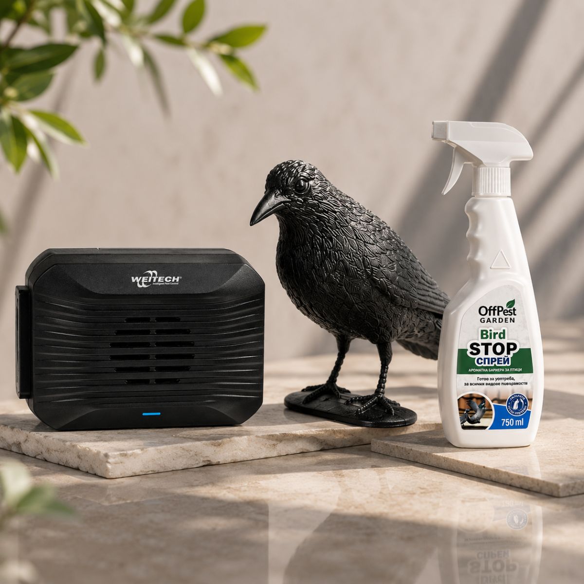 Комплект против гълъби с ултразвуков уред Weitech плашило гарван и спрей Bird Stop