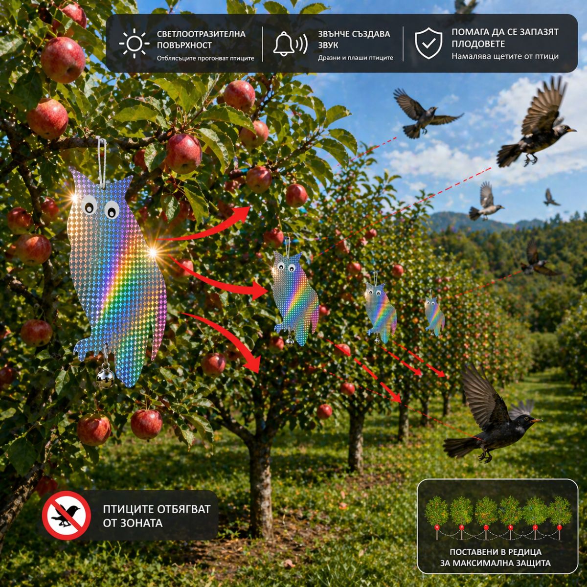 закачане на плашило бухал против птици на парапет или дърво