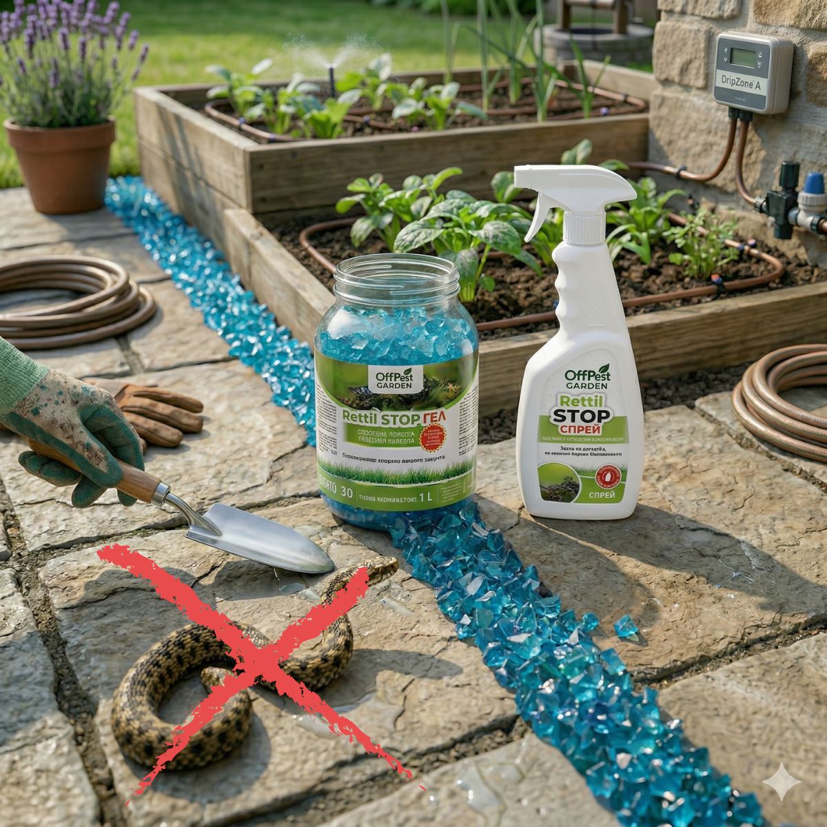 (показващо действие) Едновременно нанасяне на спрей против змии OffPest Garden върху пътека и поставяне на малки дози гел Rettil Stop за създаване на мощна бариера в двора.