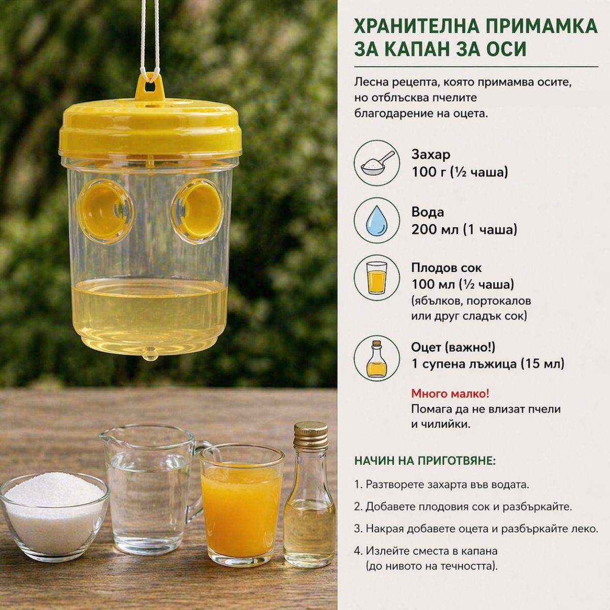 домашна примамка за оси със захар вода сок и оцет за капан