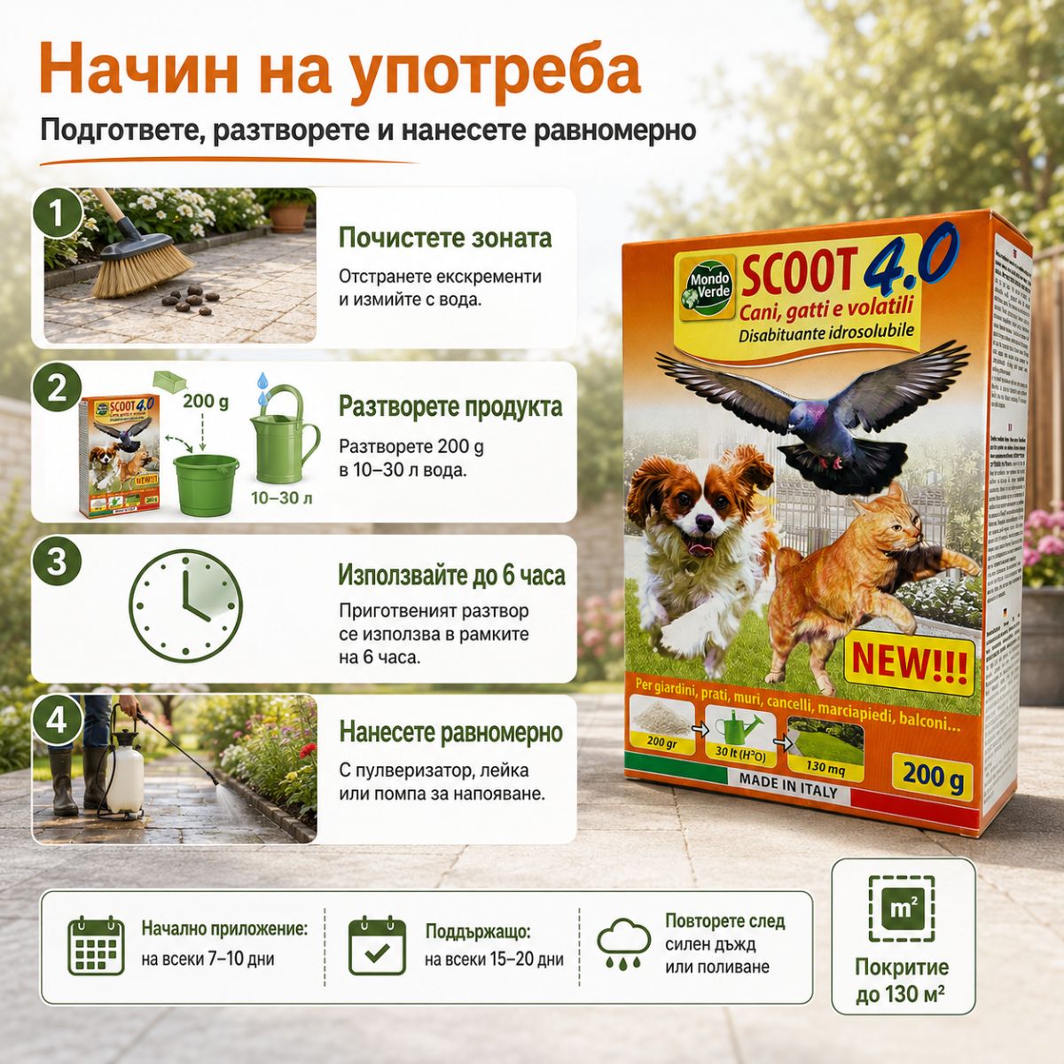 Начин на употреба на SCOOT 4.0 с разтваряне във вода и нанасяне върху външни повърхности