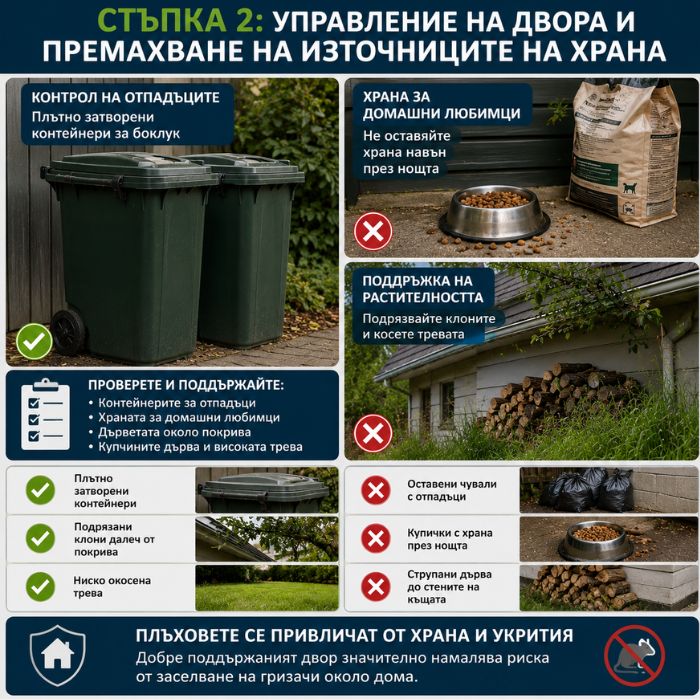Стъпка 2 от защита срещу мишки и плъхове в къща с двор – правилно съхранение на отпадъци, прибиране на храната за домашни любимци, подрязване на клони и премахване на укрития за гризачи