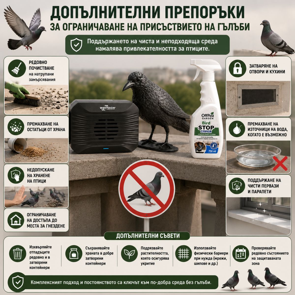 Допълнителни мерки за защита от гълъби – почистване на первази, премахване на вода и затваряне на отвори