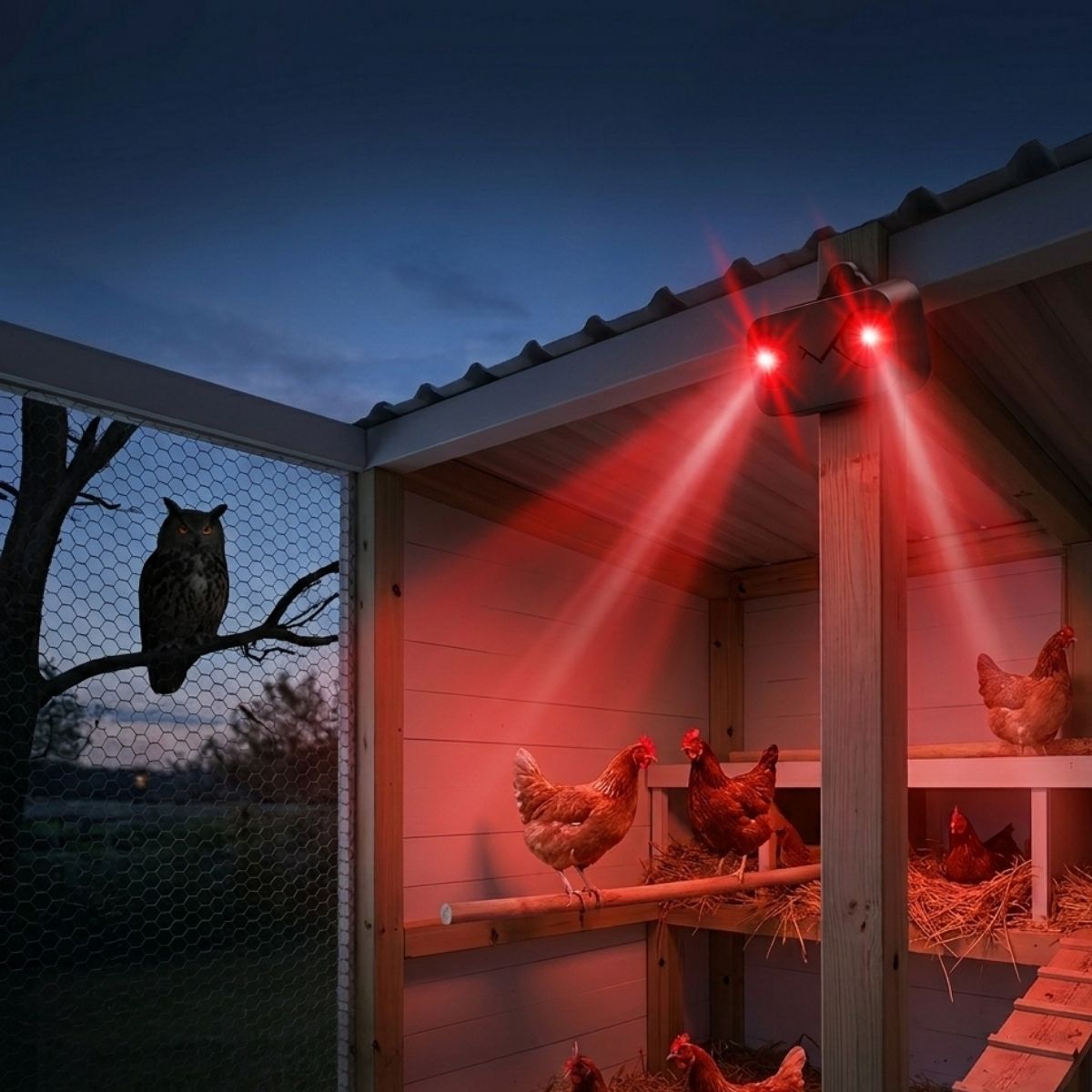 Мигащи червени светлини на соларен уред Weitech WK0302 през нощта, които плашат и отблъскват дивеча.