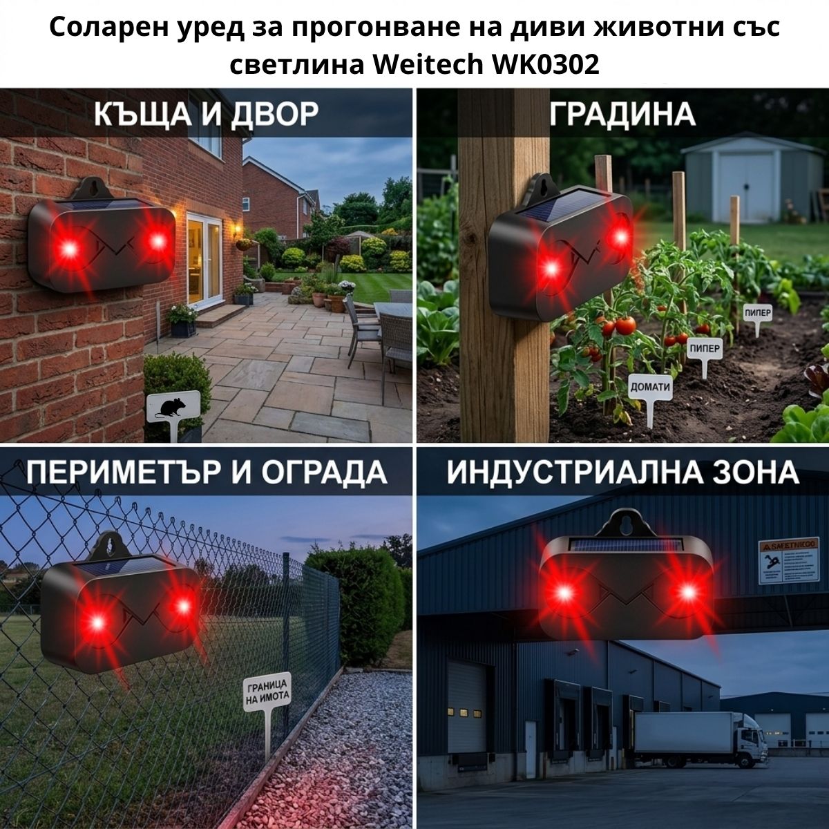 Инсталиран соларен уред Weitech WK0302 в градина за ефективно прогонване на диви прасета, сърни и лисици.