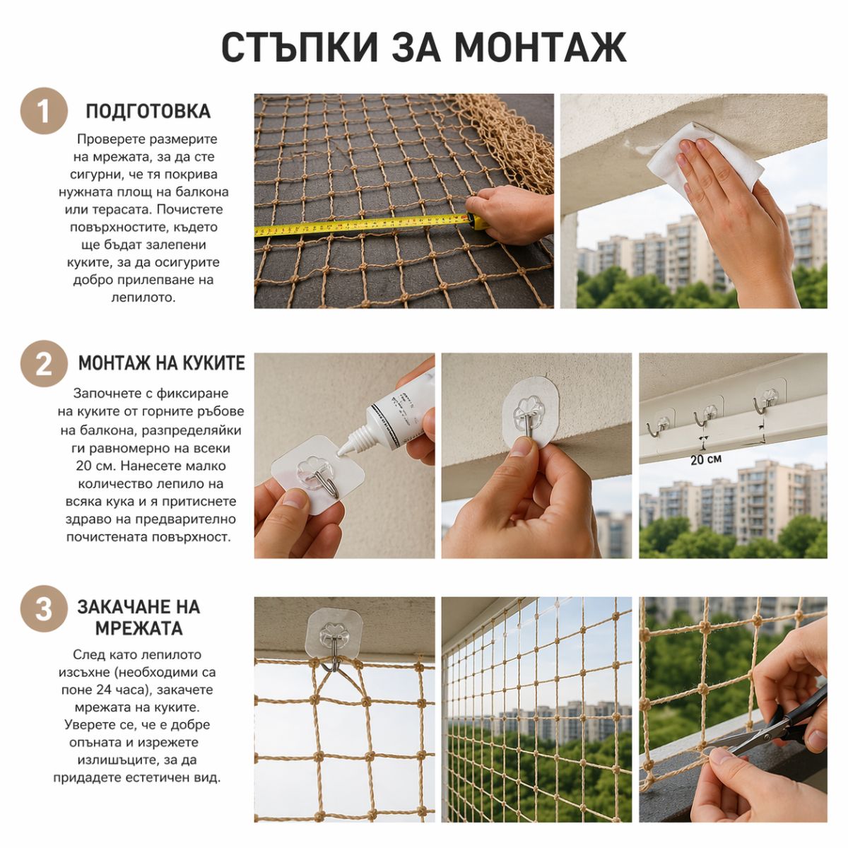 стъпки за монтаж на мрежа против гълъби и падане на котки от високо