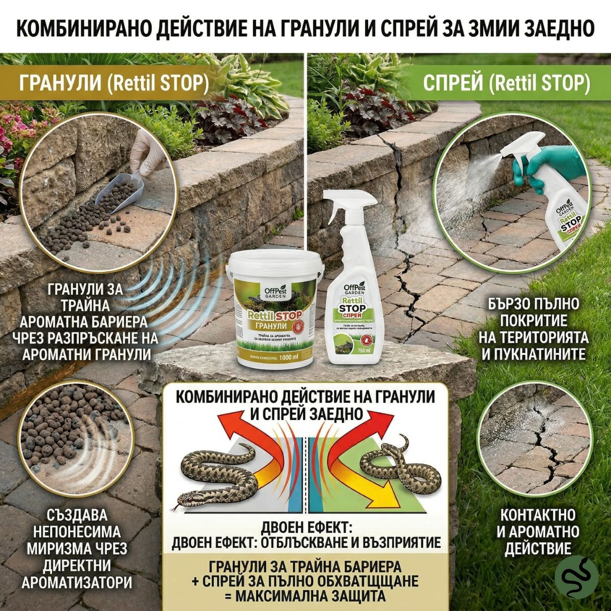 Едновременно нанасяне на спрей против змии OffPest Garden върху алея и разпръскване на гранули върху тревата за създаване на ароматна бариера.