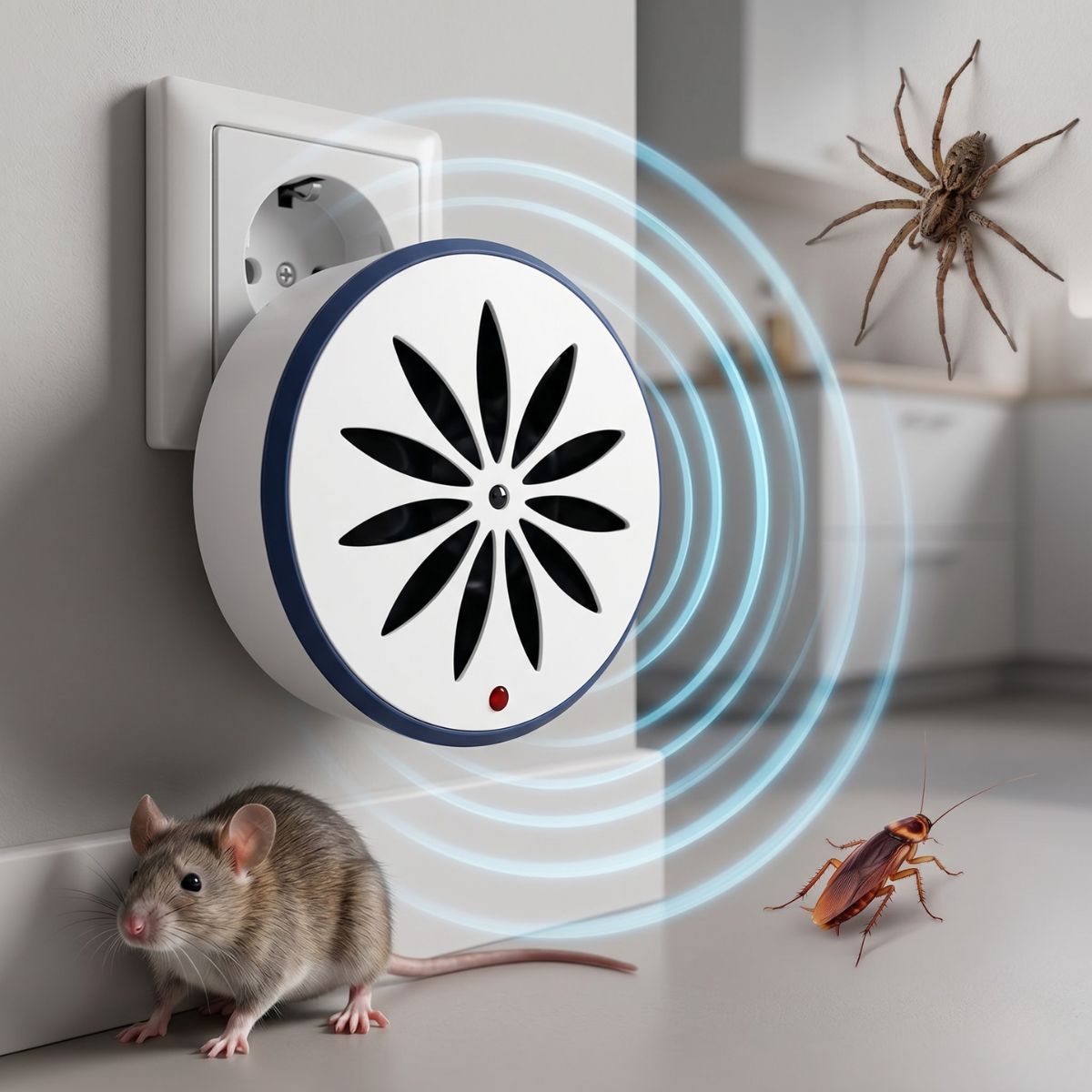 Схема на действие на нечуваемите ултразвукови вълни от уред Weitech, които отблъскват мишки и пълзящи насекоми от дома.