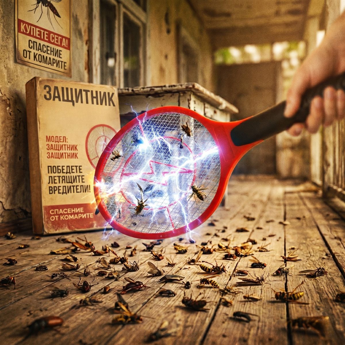 Безопасно елиминиране на летящи мухи и комари с електрическа ракета Weitech WK0071 в домашни условия.