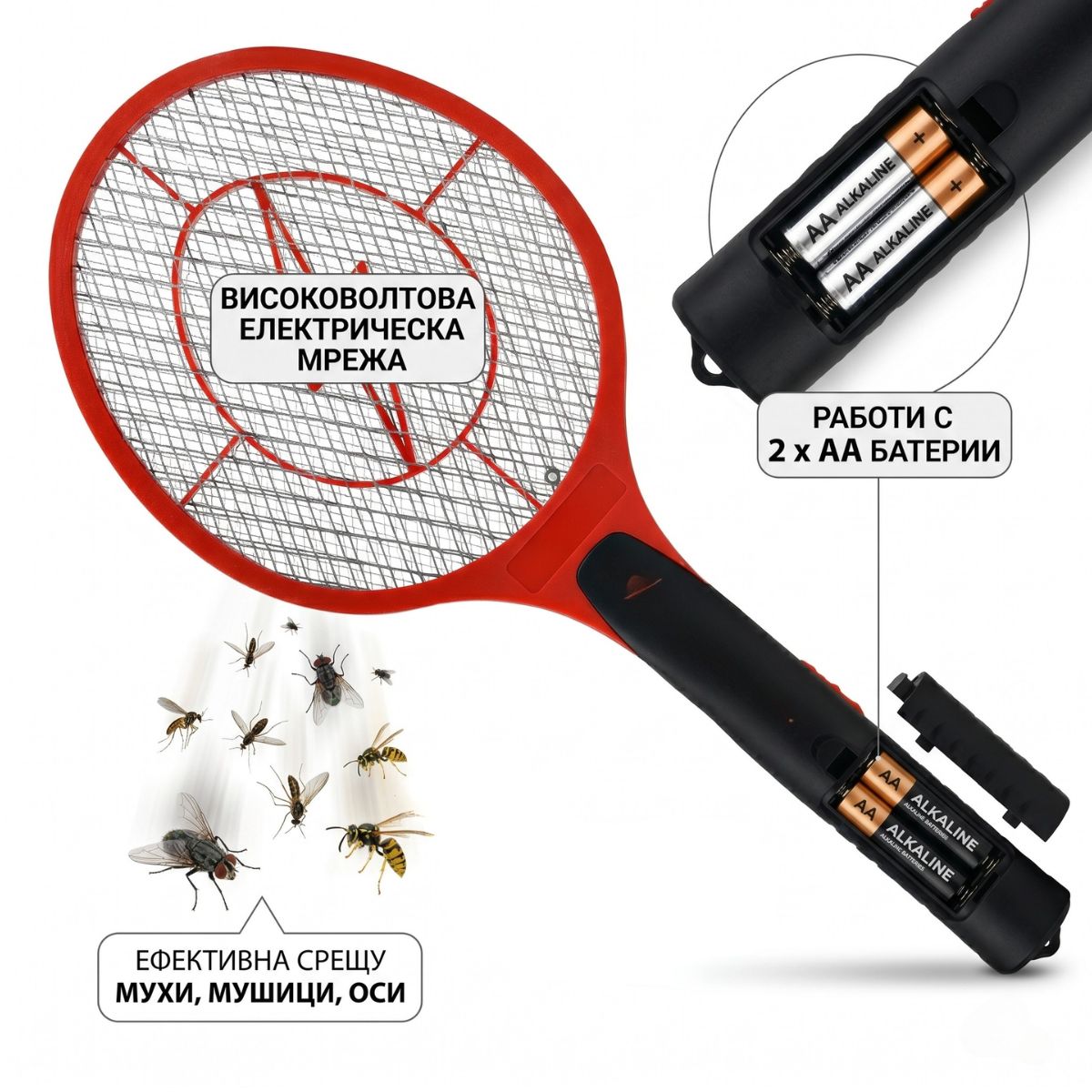 Детайлен изглед на 3-слойната предпазна решетка на високоволтова електрическа мухобойка Weitech.