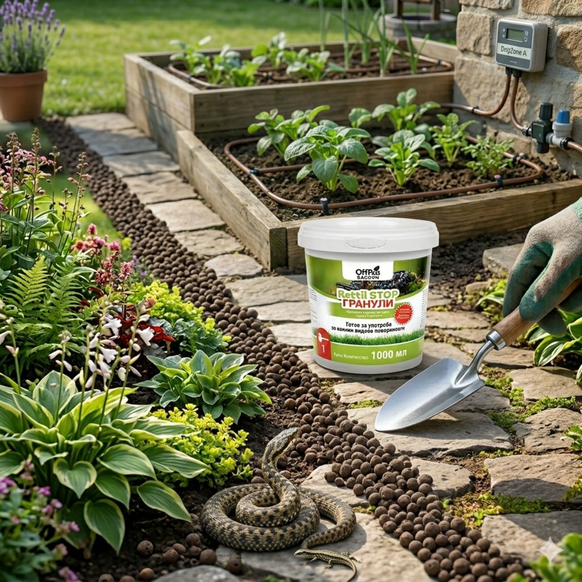 Схема за правилно дозиране и разпръскване на гранули против змии OffPest Garden върху почва с препоръчителна доза от една лъжичка на 4-5 кв.м.