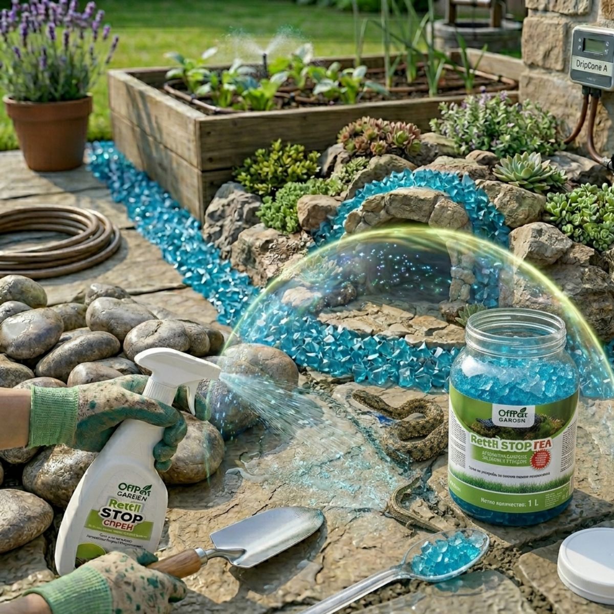 детайл) Детайлна схема за поставяне на гел против змии OffPest Garden по периметъра на оградата с препоръчително разстояние 40-60 см между дозите.