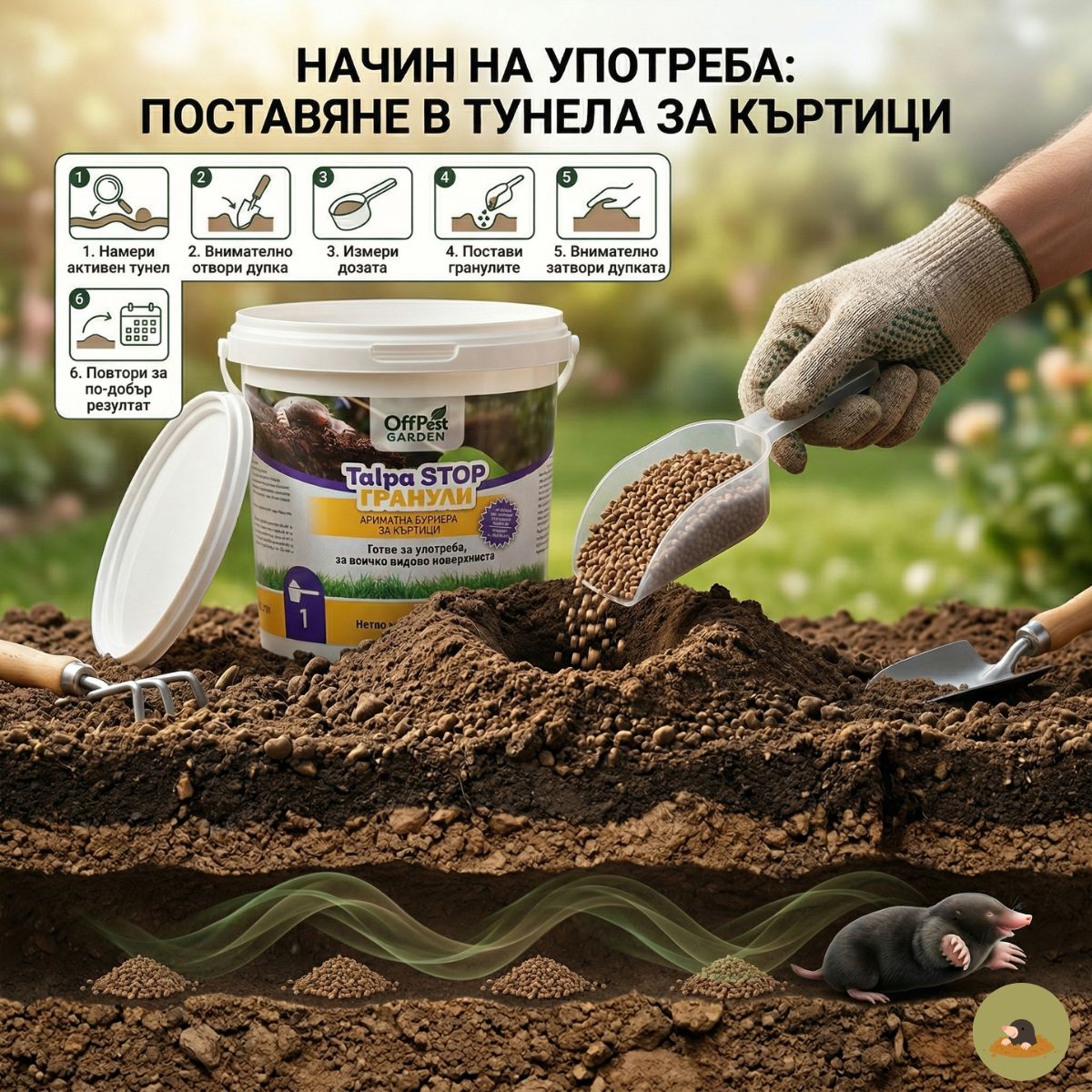 Натурални гранули против къртици OffPest Garden за изграждане на ароматна бариера върху почва и тревни площи.