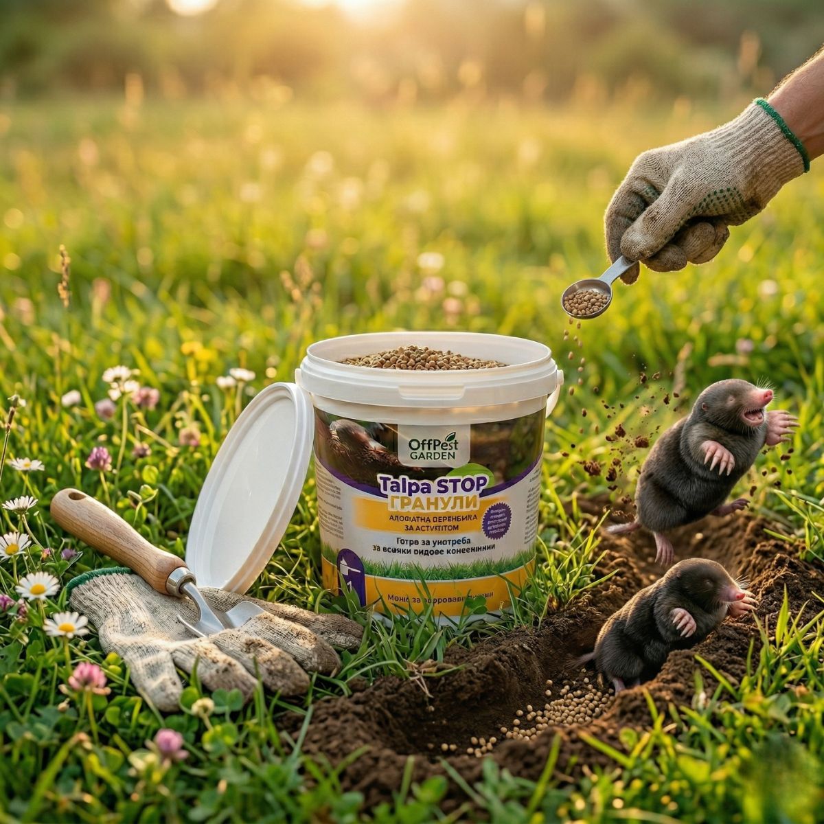 Поддържан зелен двор без къртичини, защитен с натурален препарат против къртици OffPest Garden.