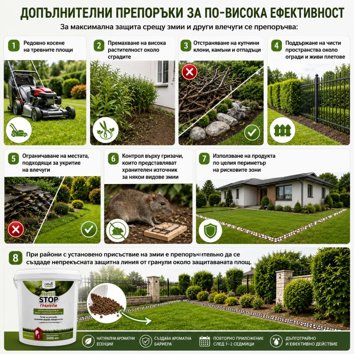 Как да повишим ефективността на Rettil STOP Гранули – косене на тревата, почистване на двора и защитна линия срещу змии
