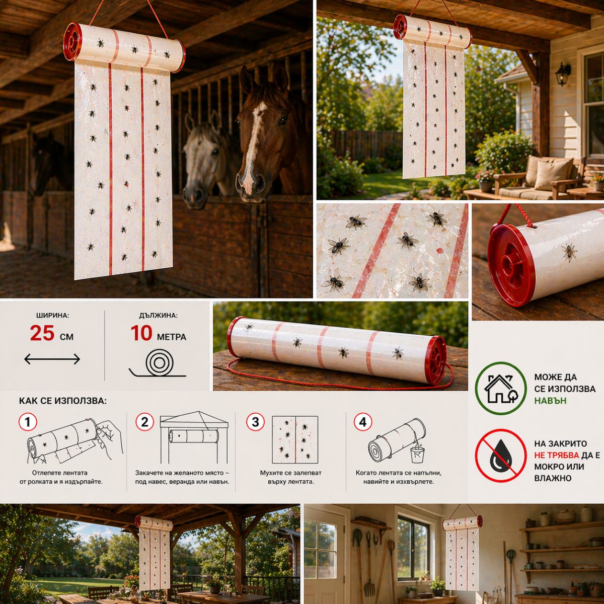 развиване и поставяне на ролка с лепило против мухи за улавяне