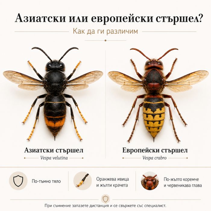 Разлики между азиатски и европейски стършел по цвят на тялото, коремчето и краката