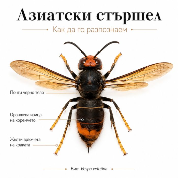 Азиатски стършел Vespa velutina с почти черно тяло, оранжева ивица и жълти крака
