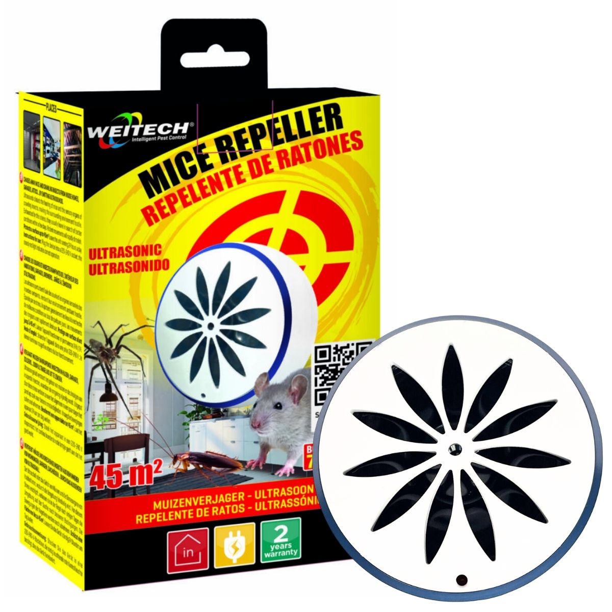 Ултразвуков уред против гризачи и насекоми Weitech WK0523 за защита до 45 кв.м., включен в електрически контакт.