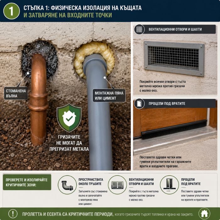 Физическа изолация на къща срещу мишки и плъхове – уплътняване на отвори около тръби, монтаж на метална мрежа на вентилационни отвори и поставяне на уплътнители под врати