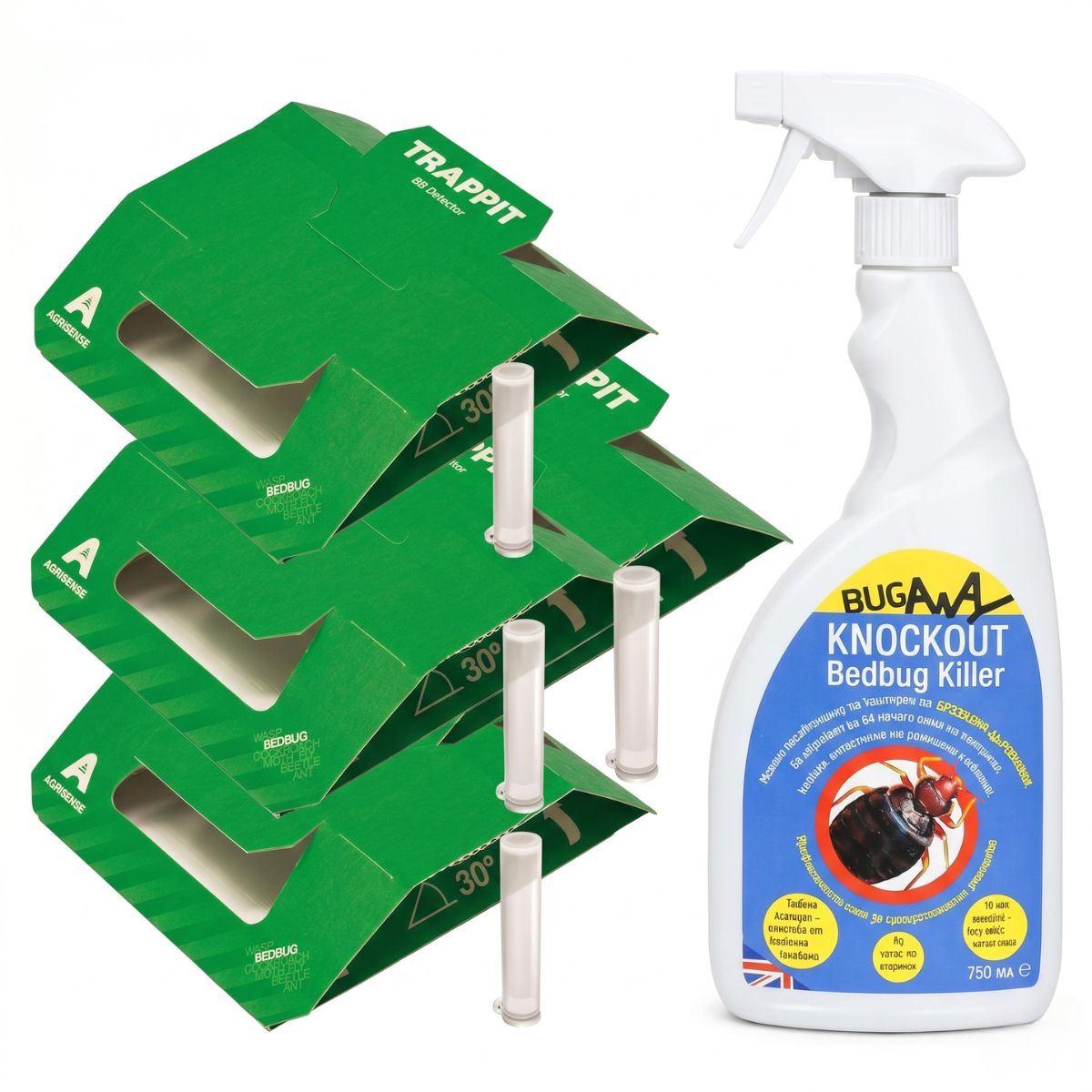 Комплект против дървеници: спрей Knockout Bedbug Killer 750 мл и 5 броя капани BB Детектор Trappit Плюс.