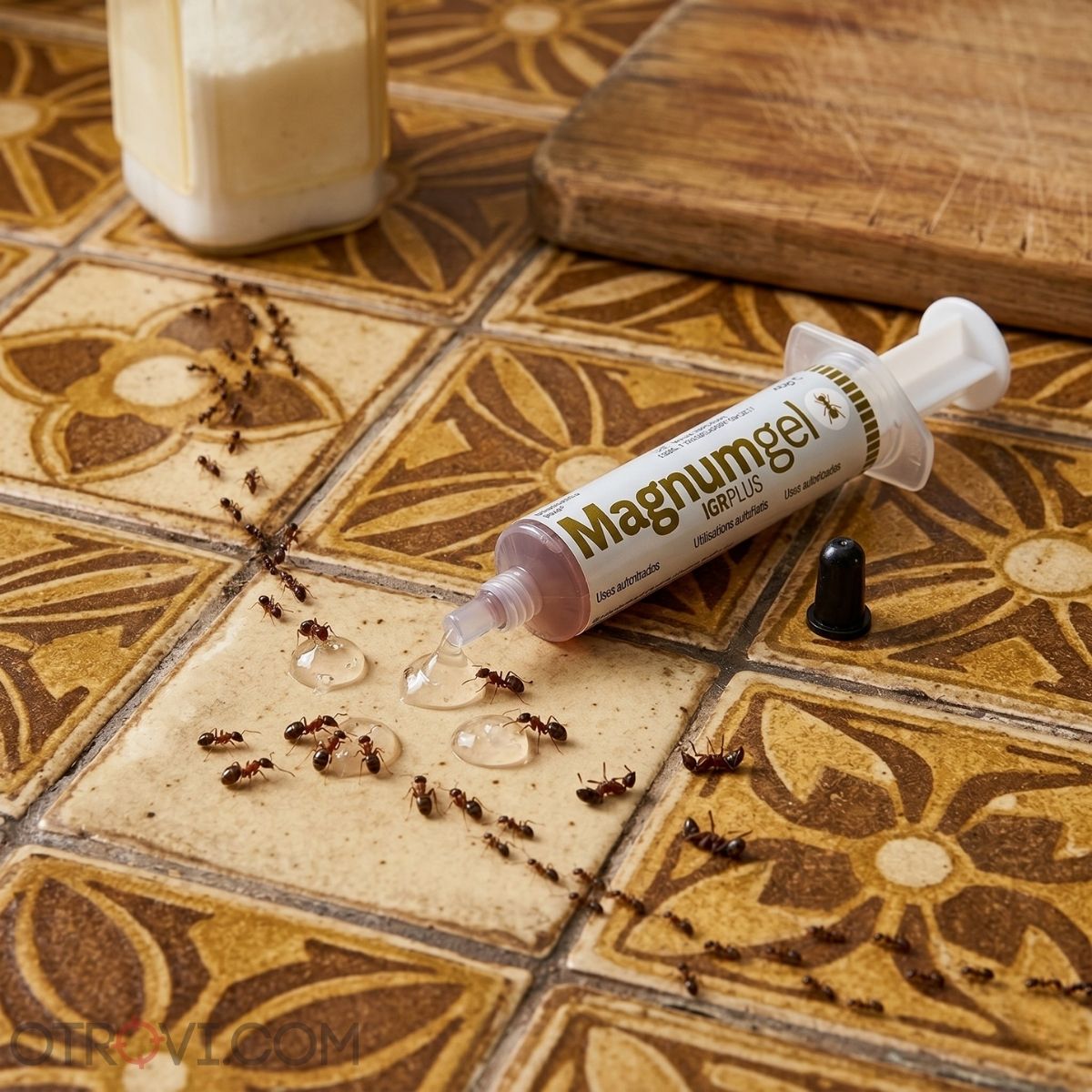 Прецизно нанасяне на примамка Magnum гел против мравки на закрито у дома.
