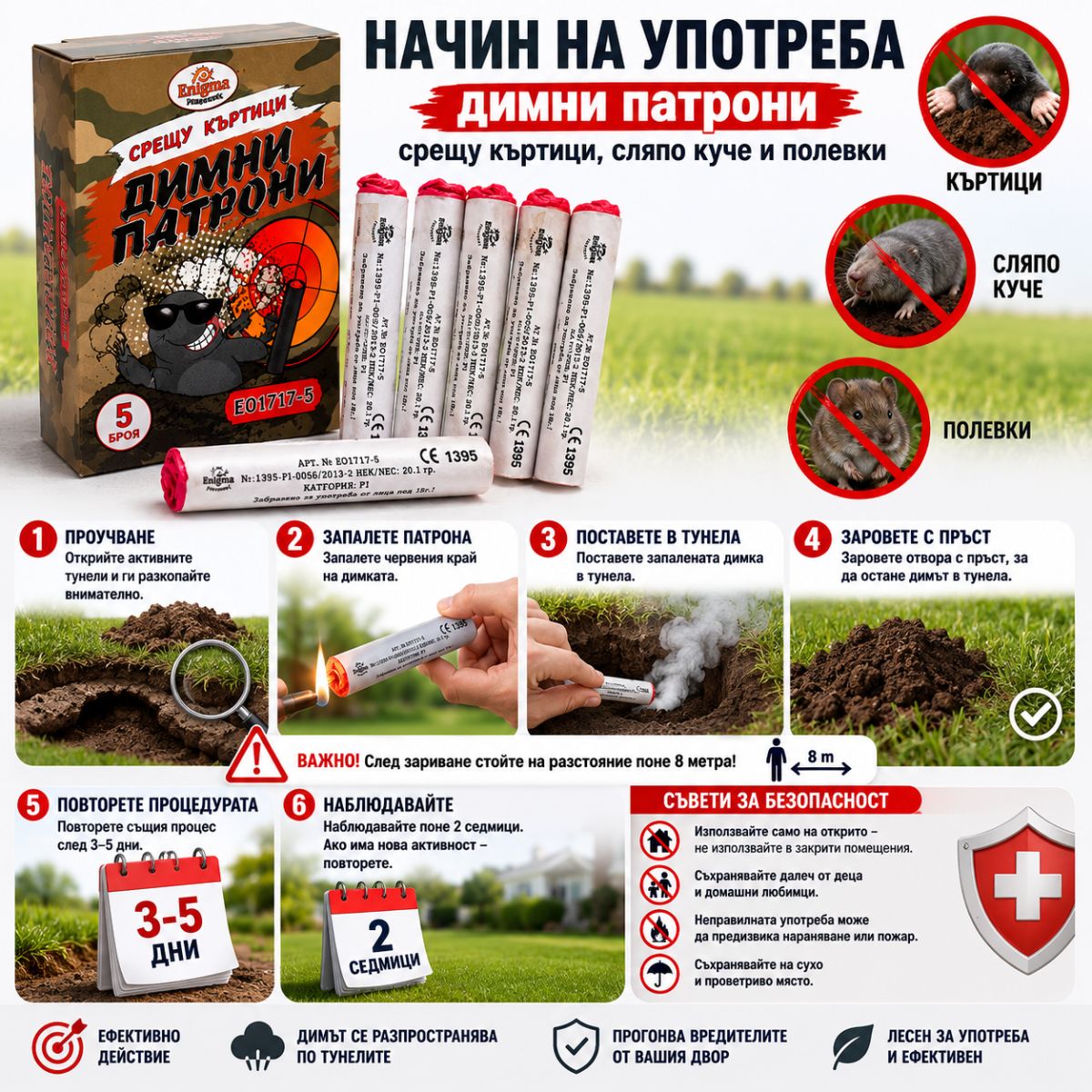 Начин на употреба на димни патрони срещу къртици сляпо куче и полевки