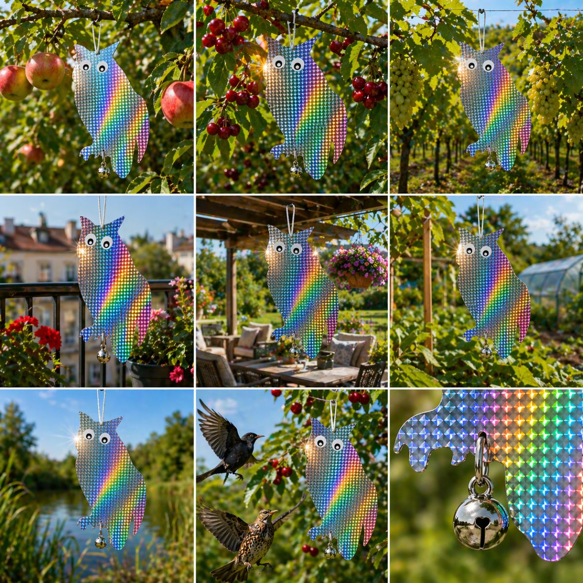 плашило против гълъби поставено на тераса градина и овощно дърво