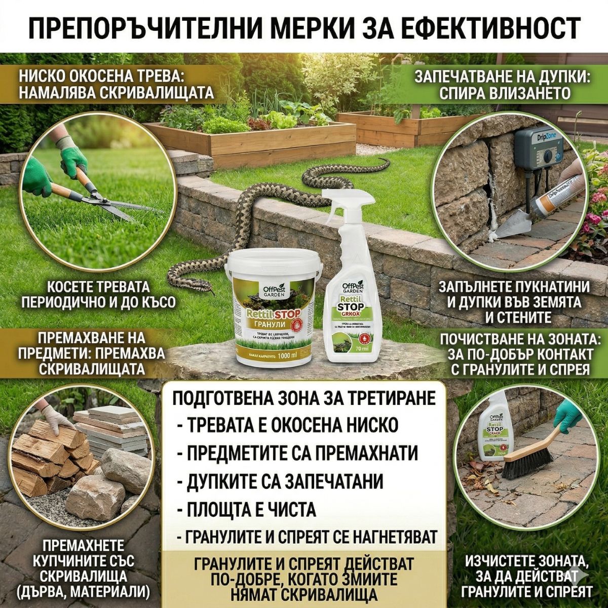 Безопасен и поддържан двор с ниско окосена трева, защитен с комплект натурални препарати против змии на OffPest Garden.