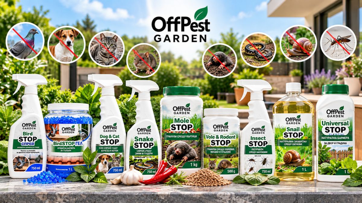 Репеленти OffPest Garden за защита на двор и градина – спрейове, гранули и гелове против птици, кучета, котки, къртици, гризачи, змии, охлюви и насекоми