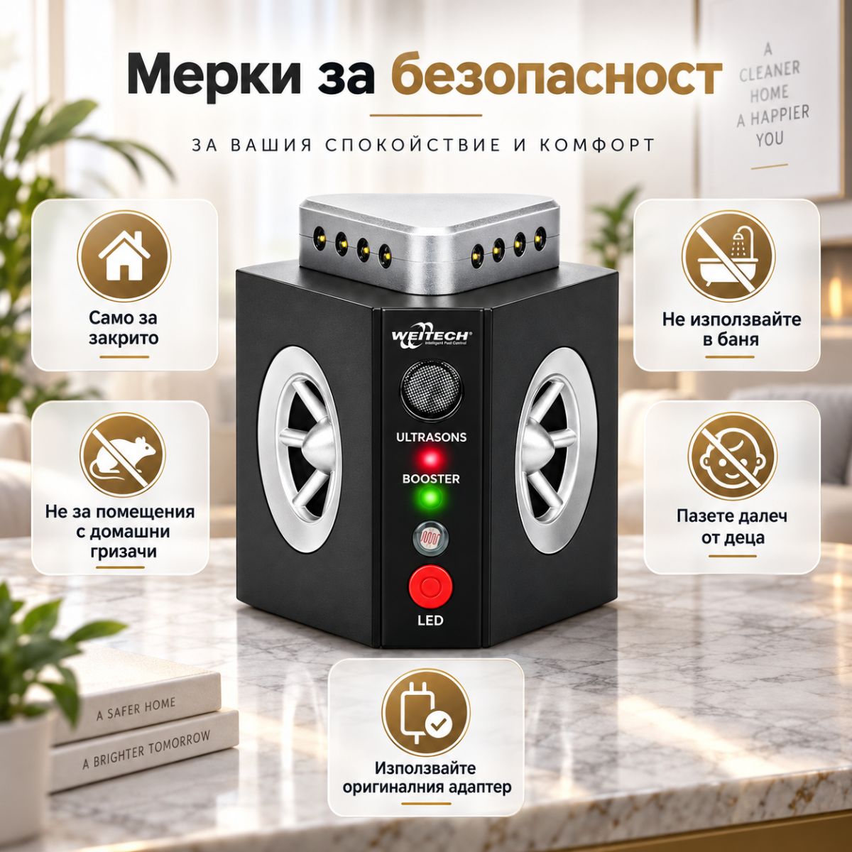 Мерки за безопасна употреба на ултразвуков уред против гризачи Weitech WK0311