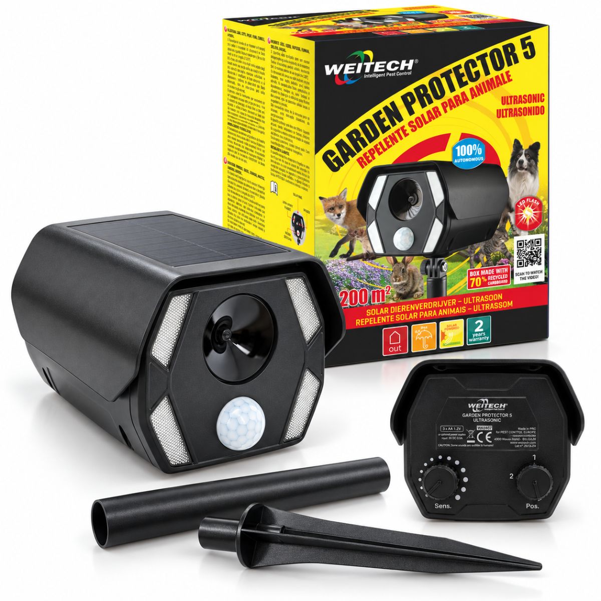 Соларен ултразвуков уред против кучета и котки Weitech Garden Protector 5 WK0057 с кутия и колче