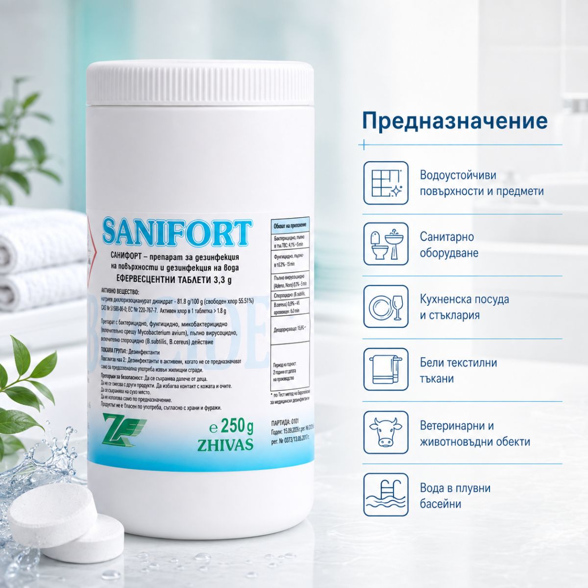Санифорт ефервесцентни таблетки с бактерицидно, вирусоцидно, фунгицидно и спороцидно действие