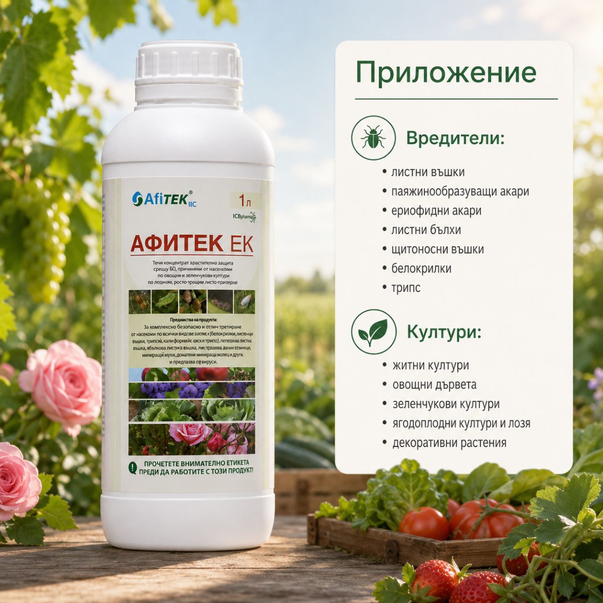 Приложение на Афитек ЕК за овощни дървета, зеленчукови култури, лозя и декоративни растения