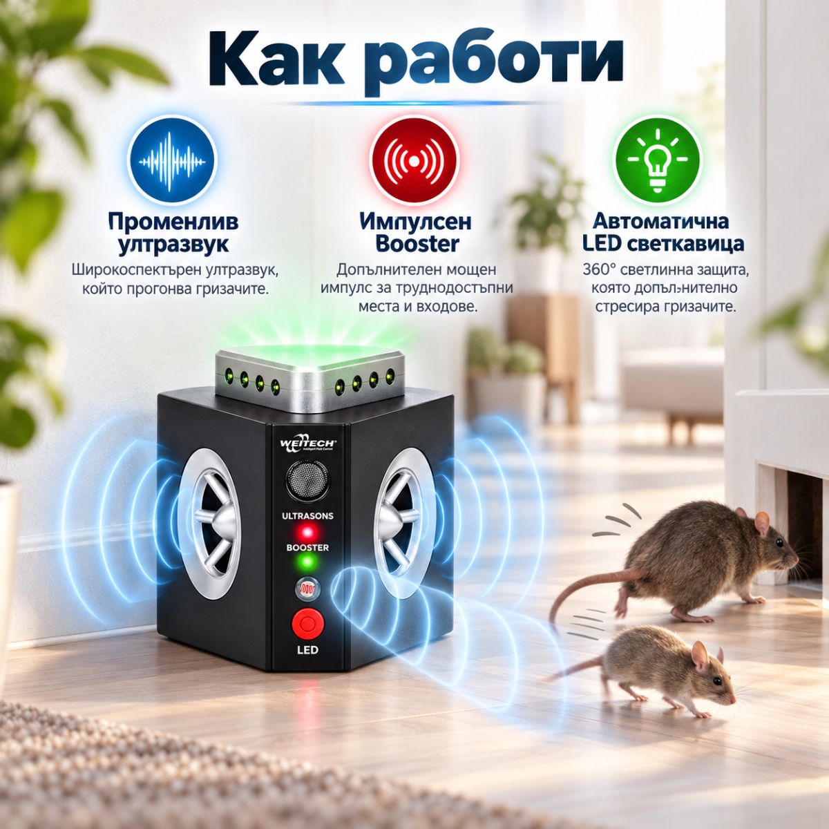 Как работи ултразвуковият уред против гризачи Weitech WK0311 с Booster и LED светкавица