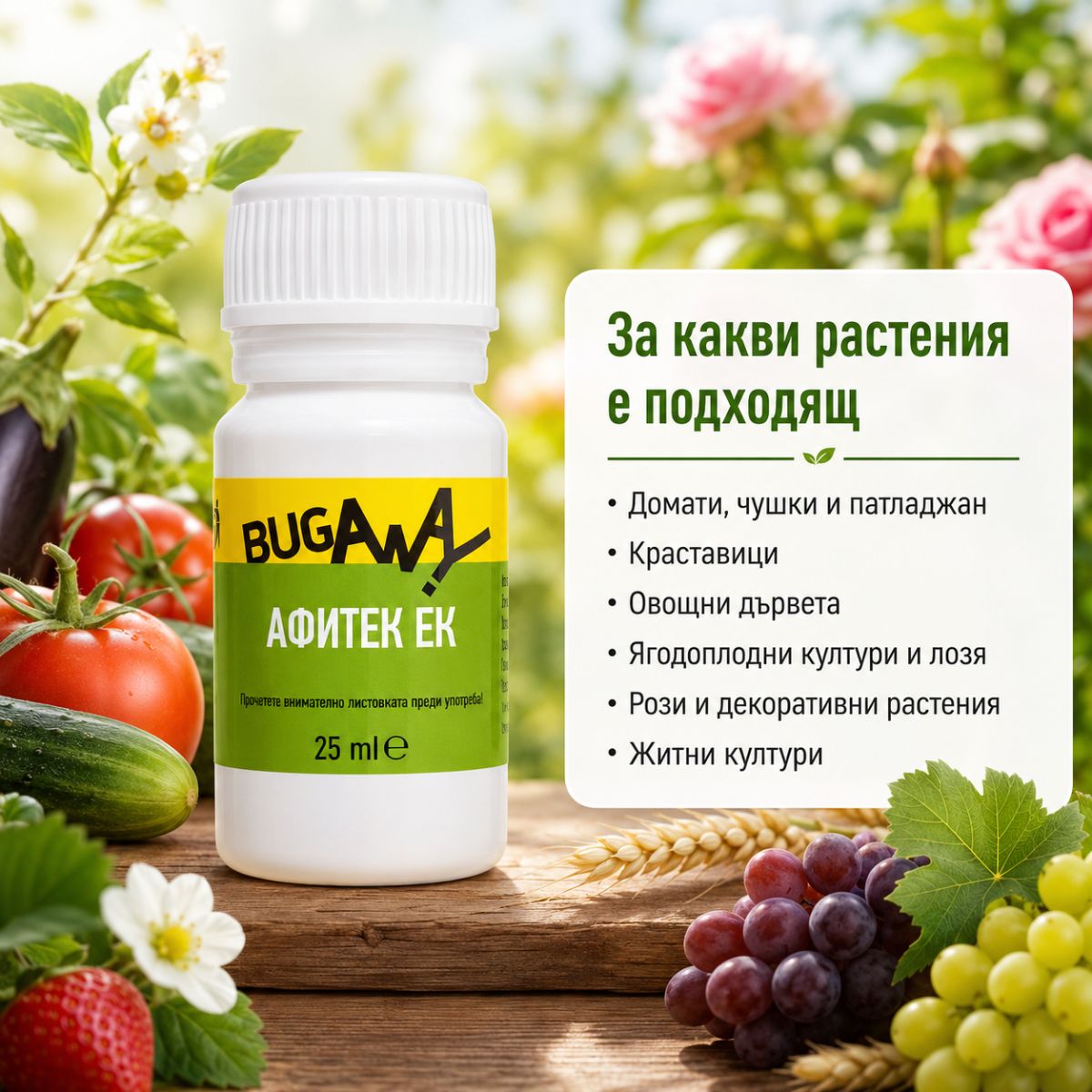 Афитек ЕК 25 мл за домати, краставици, овощни дървета, лозя, рози и декоративни растения