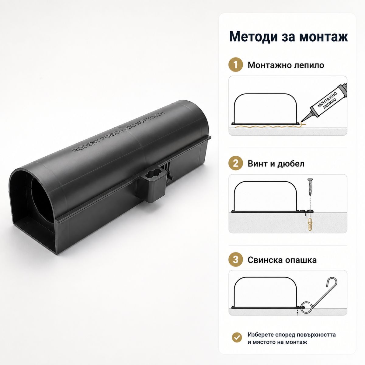 Начини за монтаж на дератизационен тунел R2 с лепило, винт или кабелна превръзка